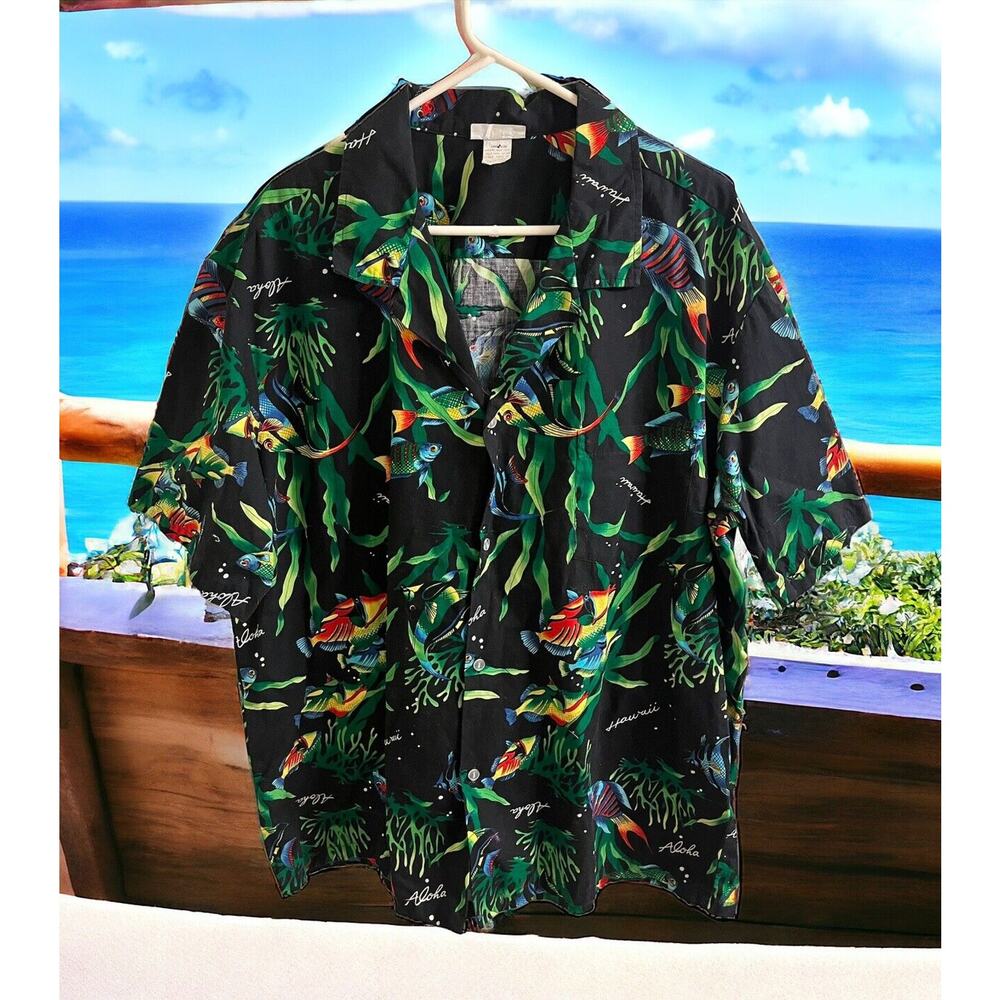 Made in Hawaii Size XXL Ocean Fish Print USA Hawaiian Button T-Shirt Colorful‎